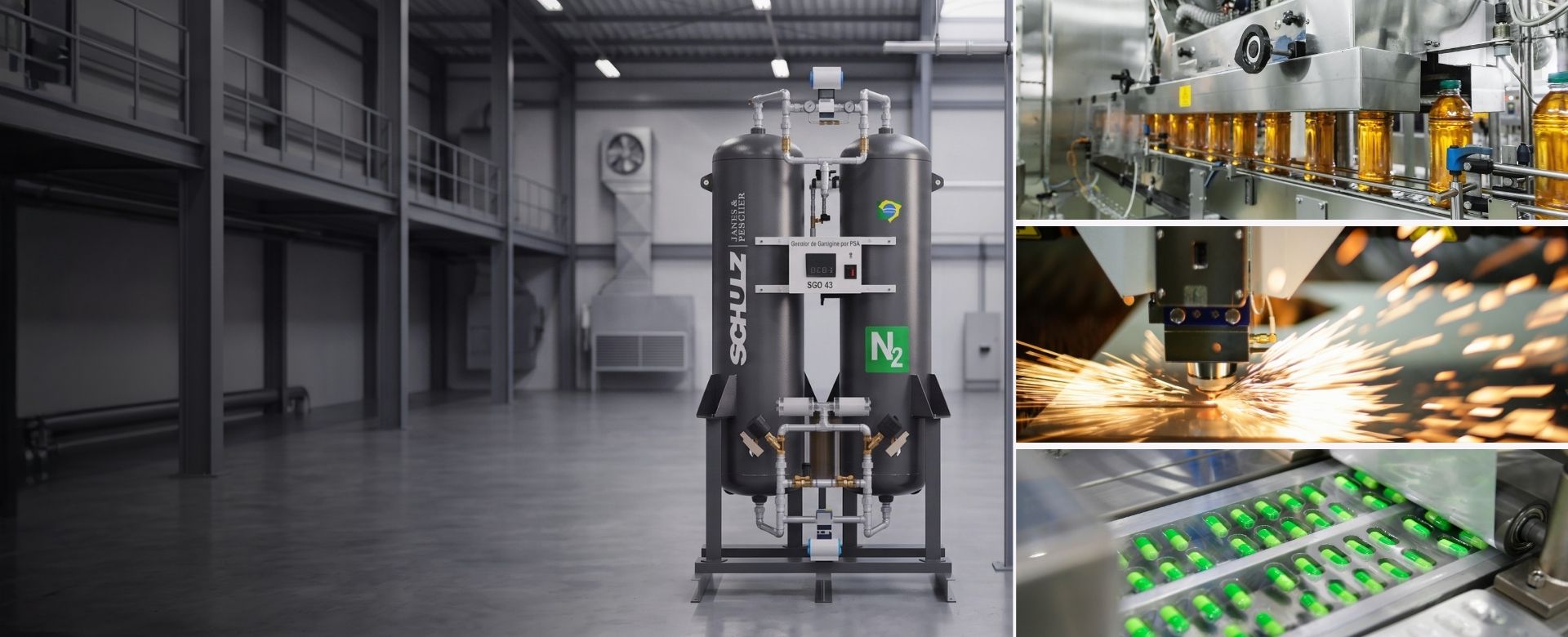 Banner com um gerador de nitrogenio e fotos de Aplicações de Geradores de Gases Industriais , como bebida, lazer e medicamentos